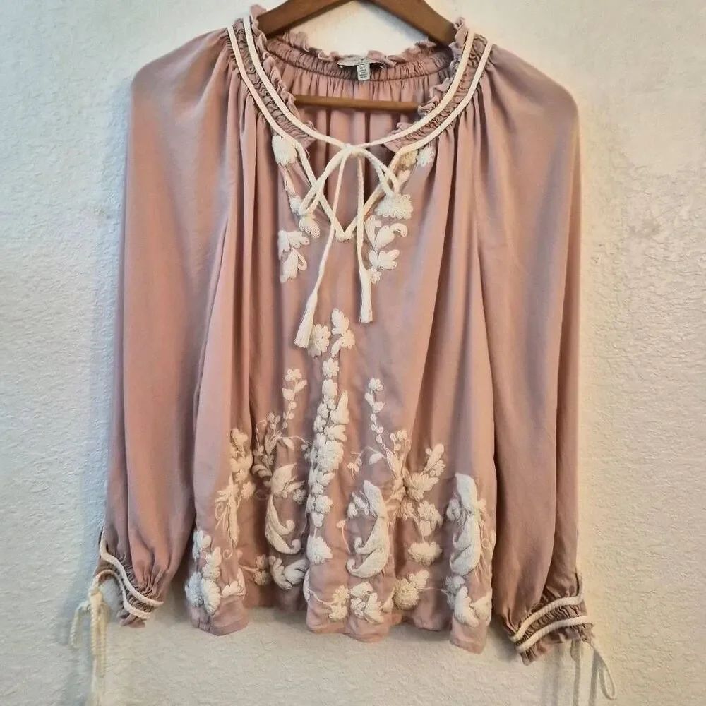 Lucky Brand Long-sleeve Embroidered Flowy Blouse Boho Chic Festival Feminine Sex